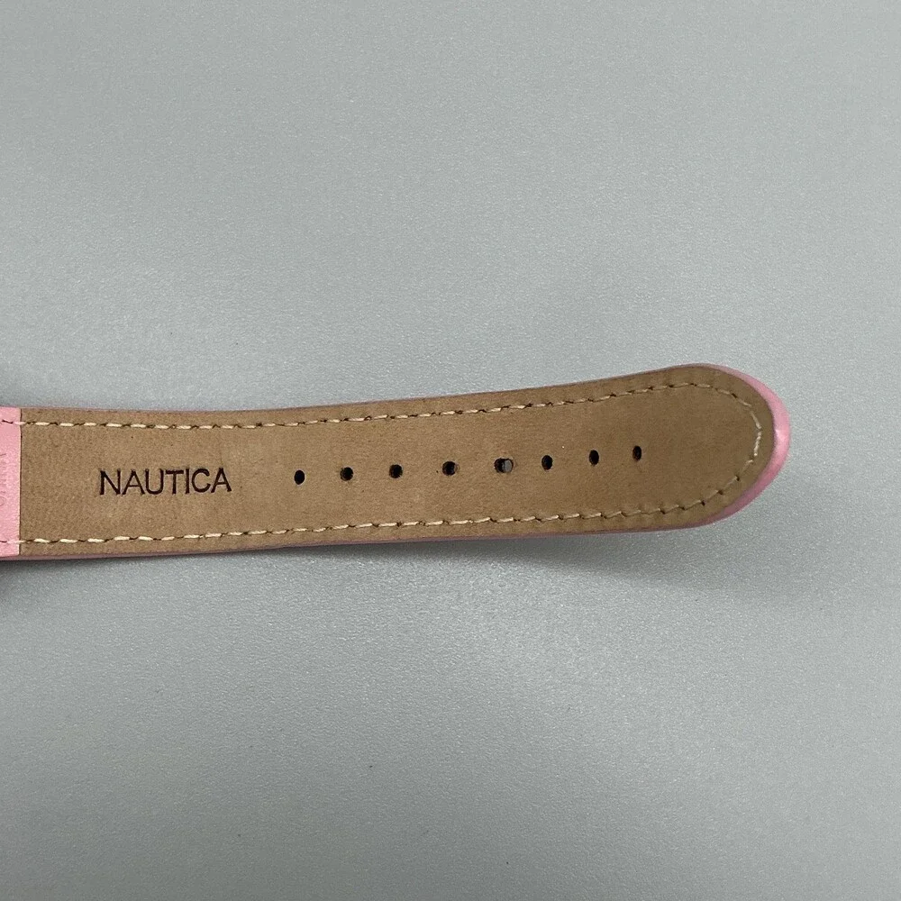Nautica N12506L Women Watch 40mm White Dial Silver Tone Pink Leather New Battery